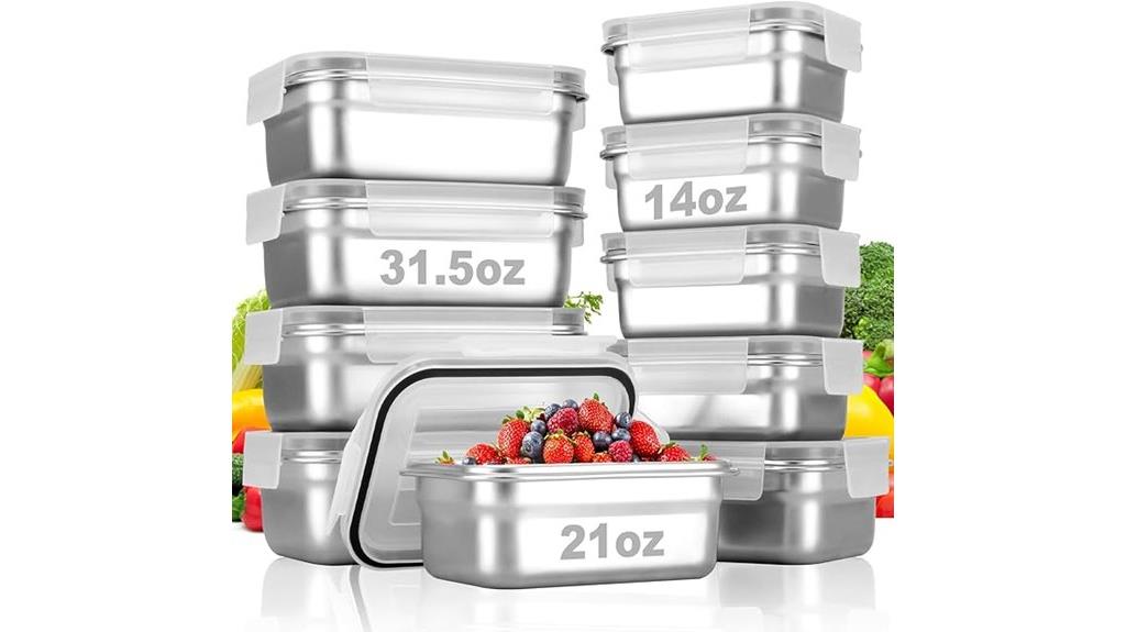 ten stainless steel containers
