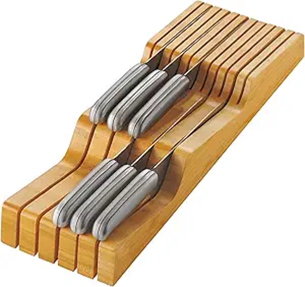 Bamboo Knife Drawer Organizer for 5 Long + 6 Short Knives