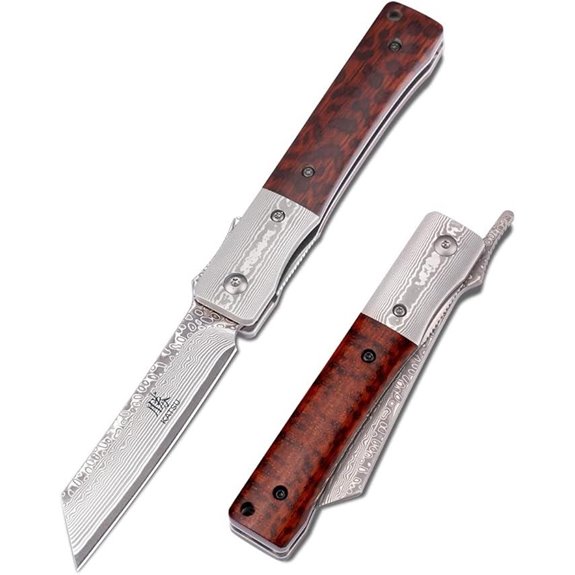 KATSU Damascus Folding Pocket Knife with Leather Sheath