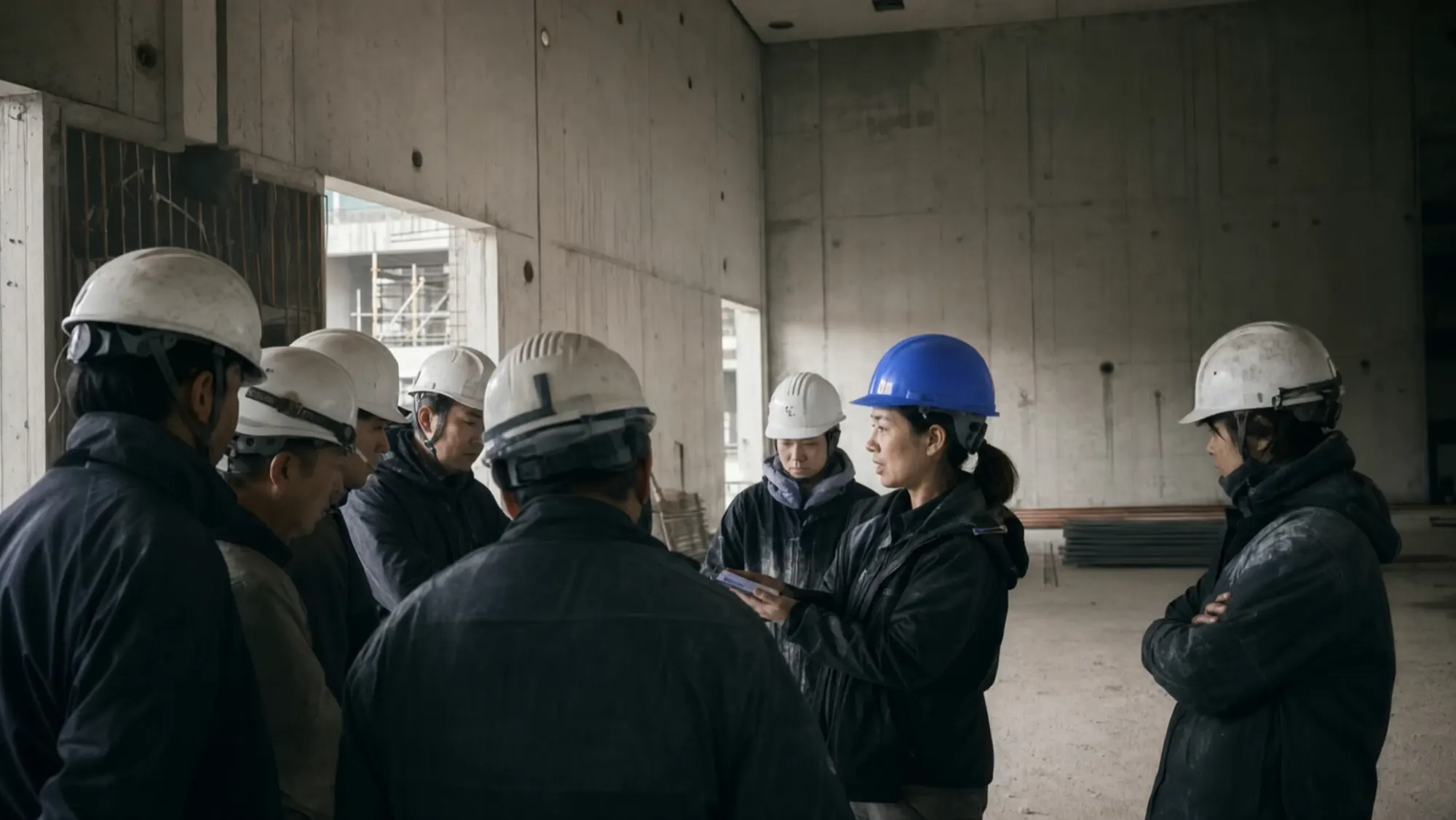 AI-generated scene for the East Asia region: a site manager in a blue helmet holds a tablet and briefs a crew in white helmets inside a concrete shell